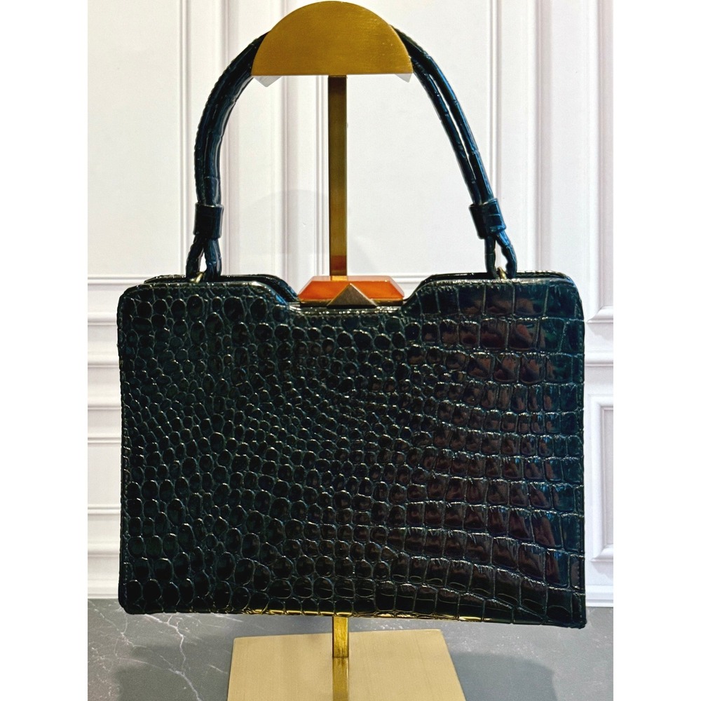 Vintage 1950s Garay Black Genuine Alligator Crocodile Skin Swagger Handbag Purse